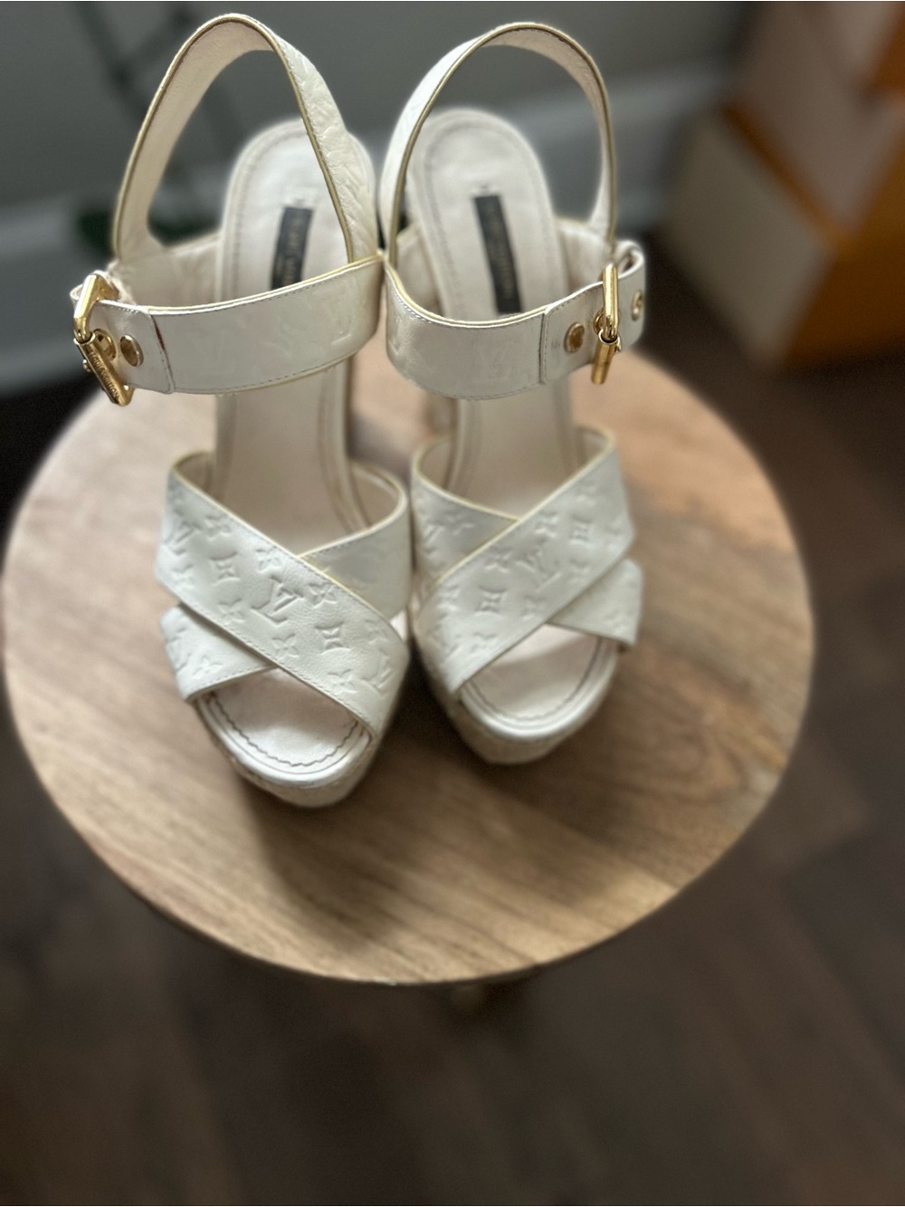 Louis Vuitton White Platform Sandals with Gold Buckle